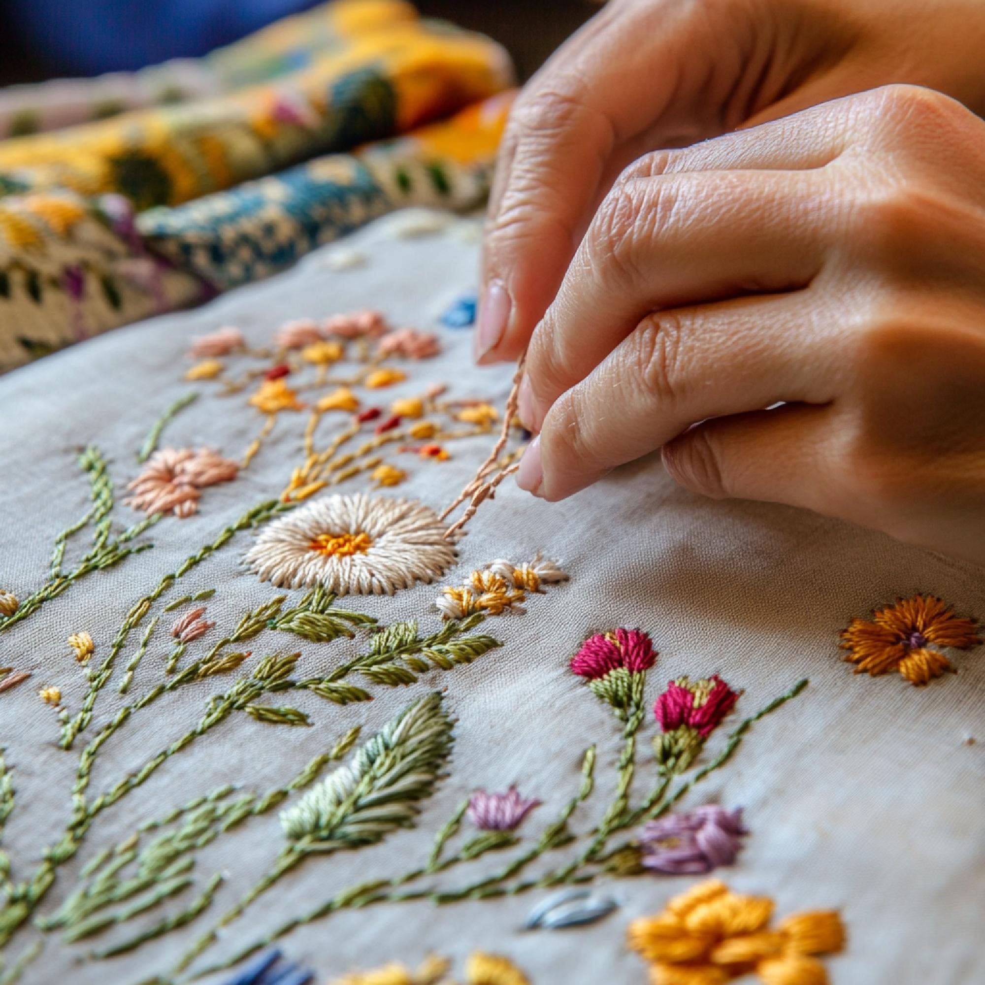 mână care brodează detaliu floral pe pânză